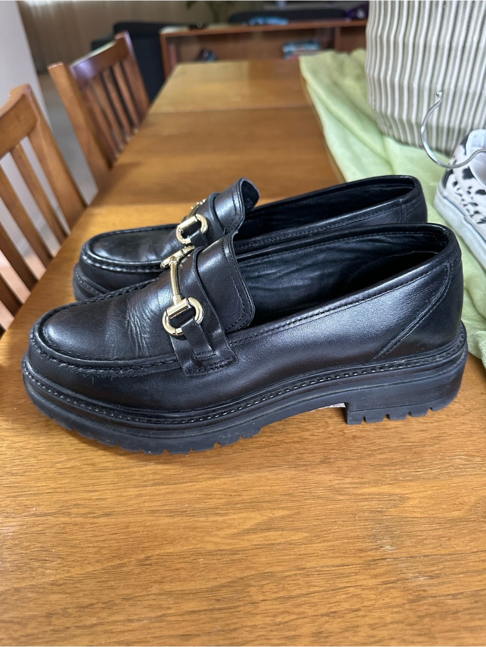 Dune London Black Leather Chunky Loafers with Gold Bit